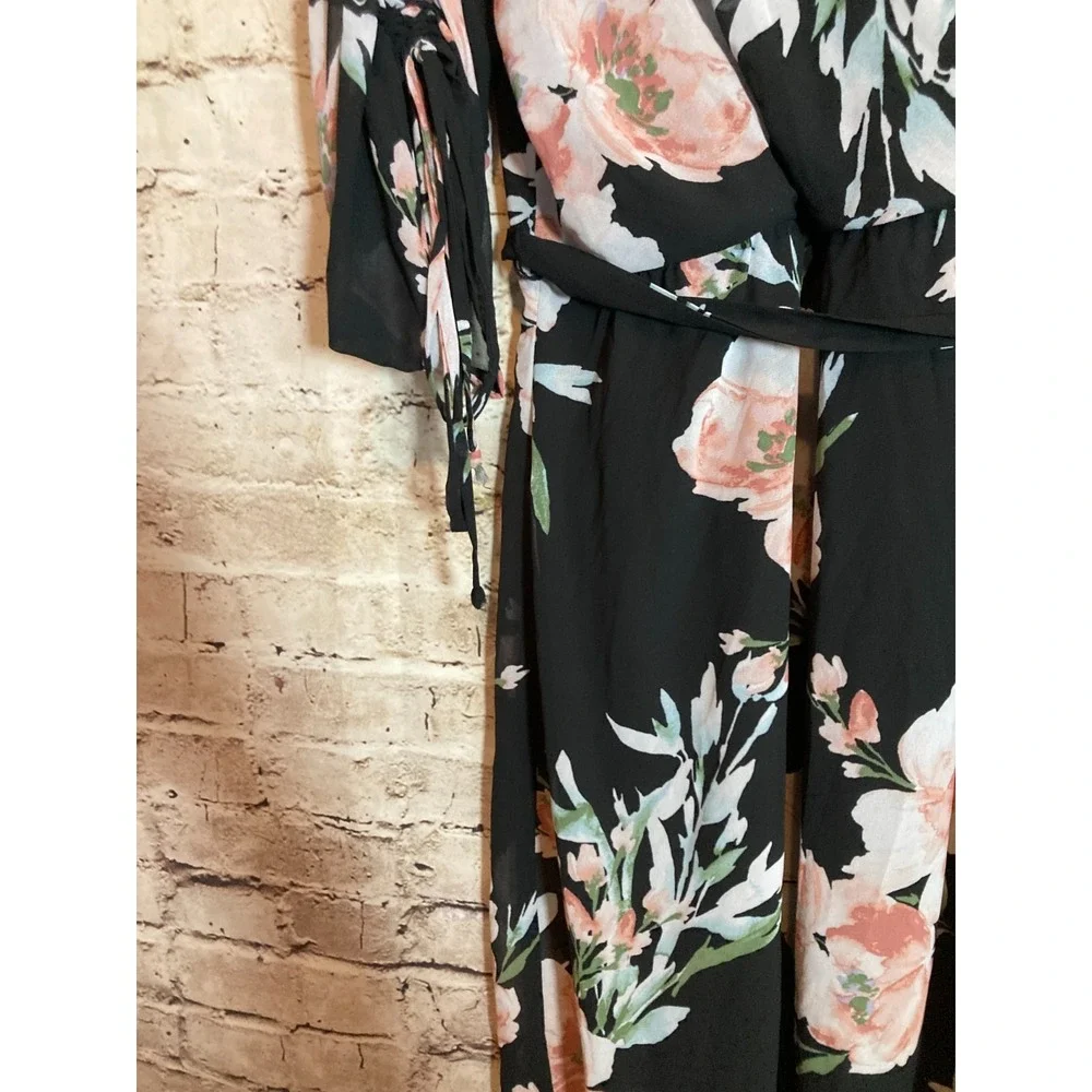 Luxology Dress Womens 14 Dark Romantic Floral Belted Cinched Sleeves Tropical - Picture 5 of 12